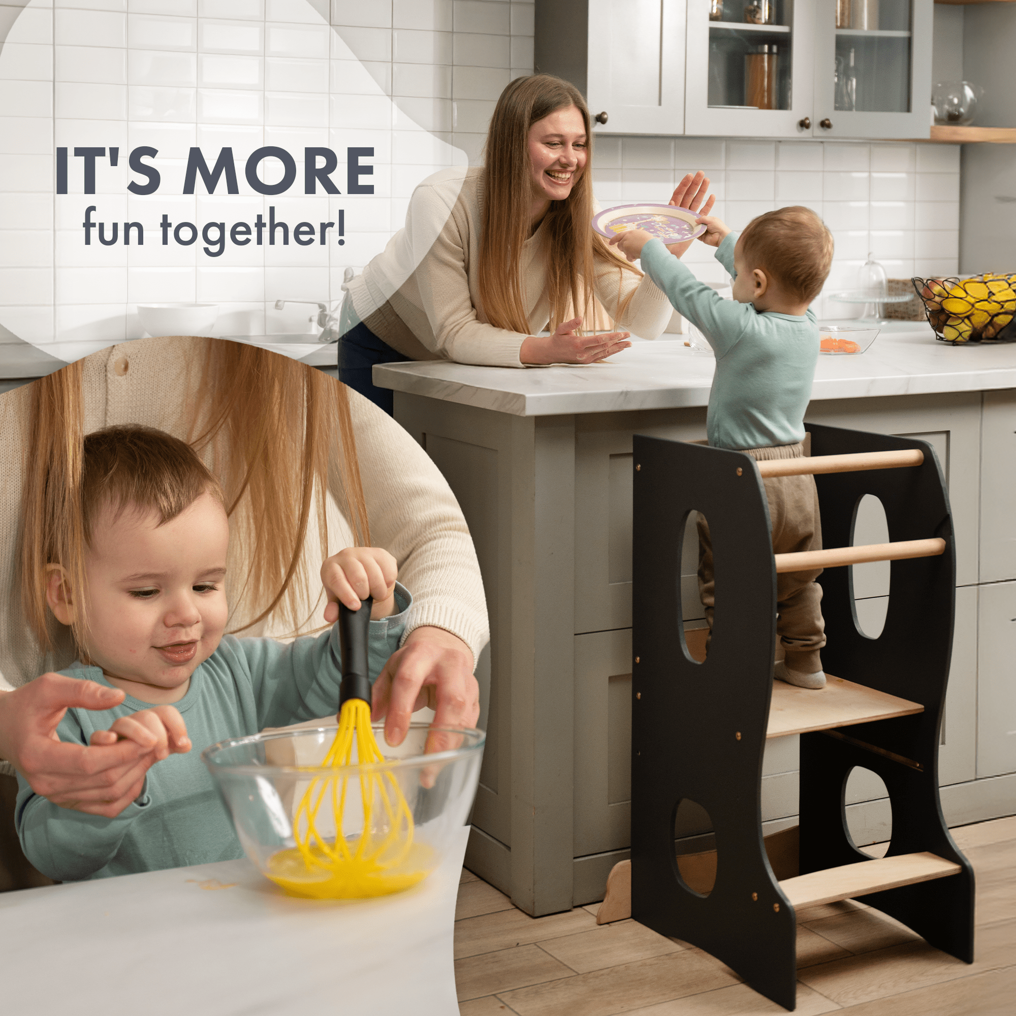 Stabiler Montessori Lernturm: Mitwachsender Kinderstuhl aus Holz – Grau